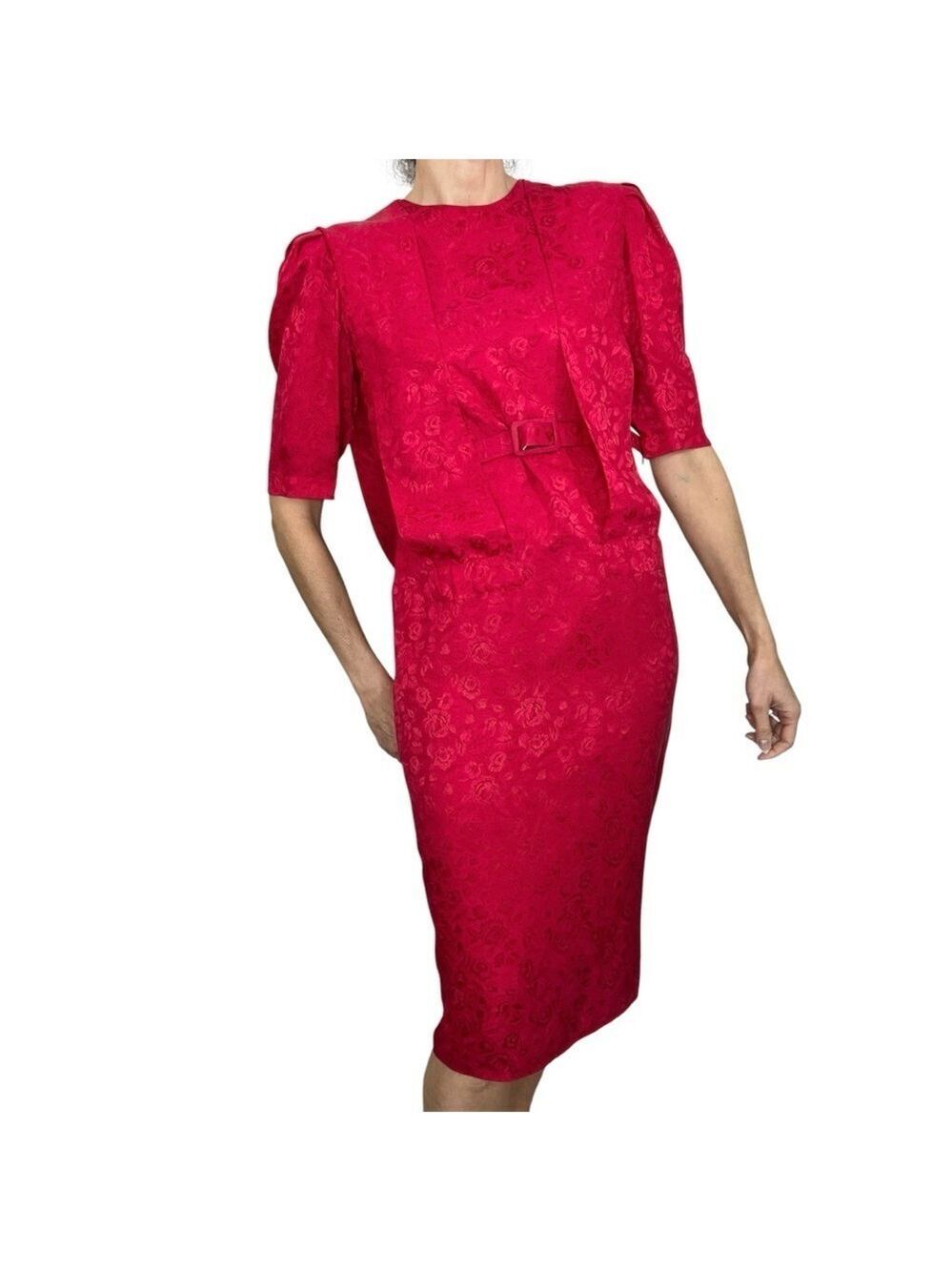 Vintage 80s Maggy London pure silk red belted damask midi shift dress 6